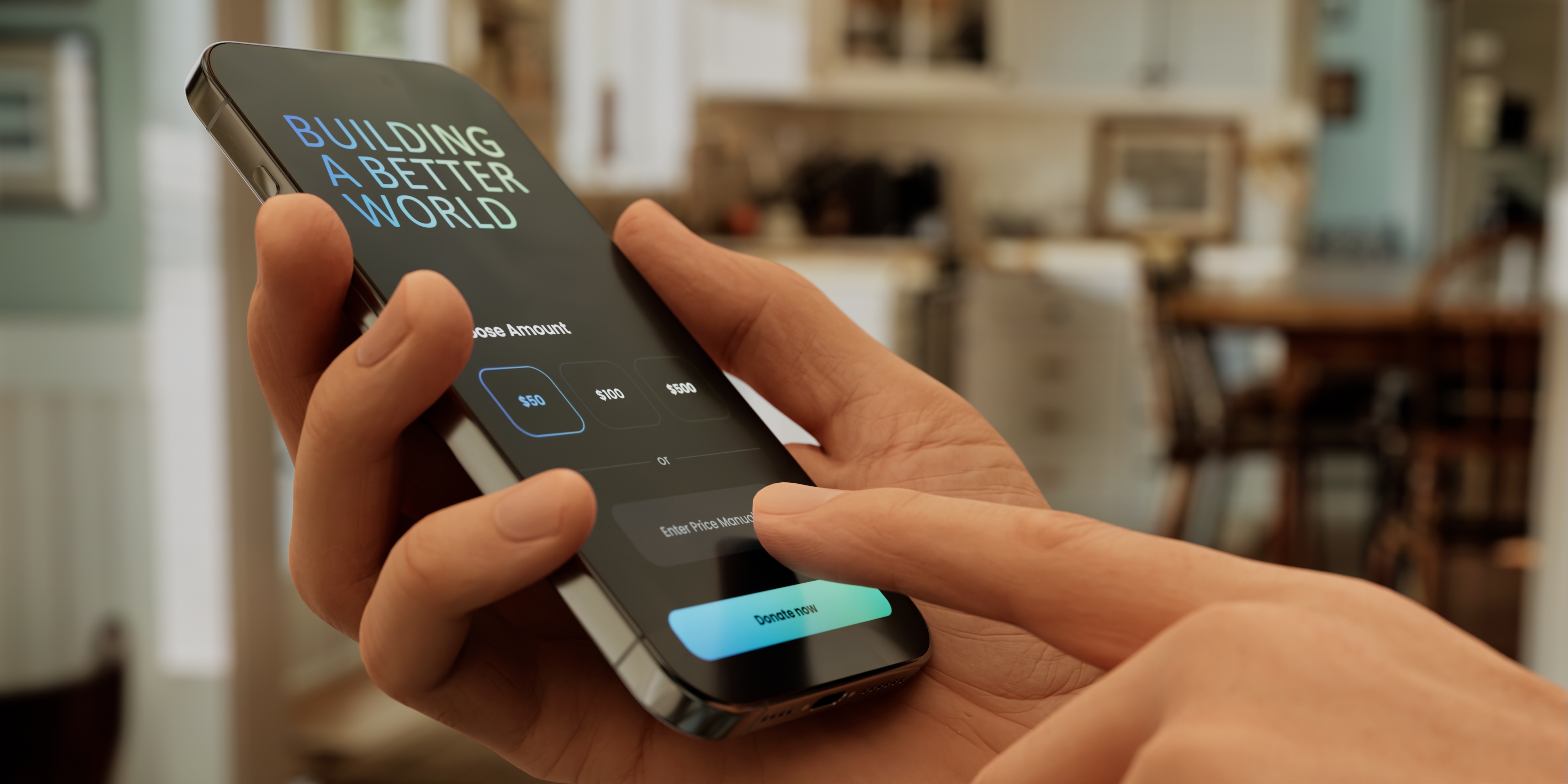 Person using a mobile app with 'Building a Better World' displayed on screen